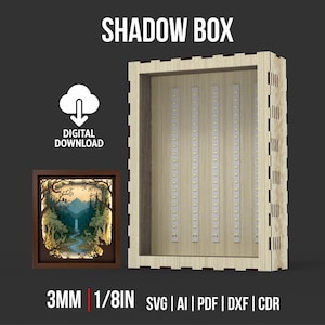 May include: A wooden shadow box with a forest scene, a digital download icon, and the text "SHADOW BOX". The box is 3mm thick, approximately 1/8 inch, and includes SVG, AI, PDF, DXF, and CDR file formats.