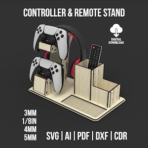 May include: A wooden controller and remote stand with the text "CONTROLLER & REMOTE STAND" and "DIGITAL DOWNLOAD". The stand holds two game controllers, a remote, and a headset. The stand is made of light-colored wood and has a rectangular base.