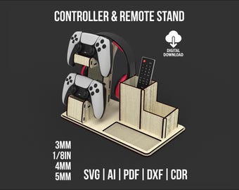 Dual Controller und Fernbedienung Schreibtischständer mit Kopfhörerhalter SVG und DXF Laser Cut-Dateien