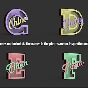 May include: Four 3D-rendered letter-shaped name signs in various colors. The letters are in the shape of the letters C, D, E, and F, each with a name written across the center. The text on the image reads "Names not included. The names in the photos are for inspiration only."