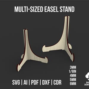 May include: Two wooden multi-sized easel stands with a light wood grain finish and dark brown edges. The stands are labeled with sizes including 3mm, 3.2mm, 4mm, 5mm, and 6mm. The image also includes the text "MULTI-SIZED EASEL STAND".