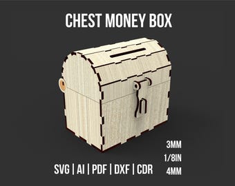 Chest Money Box Svg And Dxf Laser Cutting Files, Chest Designed Piggy Bank For Kids, Money Coin And Jewelry Holder