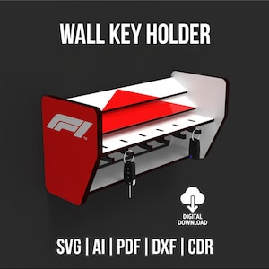 Könnte beinhalten: Ein roter, weißer und schwarzer Wand-Schlüsselhalter mit dem Text "WALL KEY HOLDER" oben. Der Schlüsselhalter hat ein Formel-1-Logo und ein Symbol für digitalen Download. Er hat mehrere Schlüsselhaken.