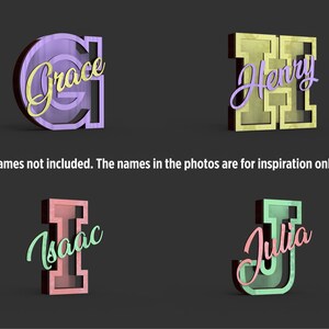 May include: Four 3D wooden letters, each with a name in a cursive font. The letters are in various colors: purple, gold, pink, and green. The text on the image reads: "Names not included. The names in the photos are for inspiration only."