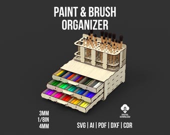 Paint Brush & Dot Mandala Pen Holder SVG and DXF Files For Laser Cut | Desktop Organizer Laser Cutting Files | Makeup Holder