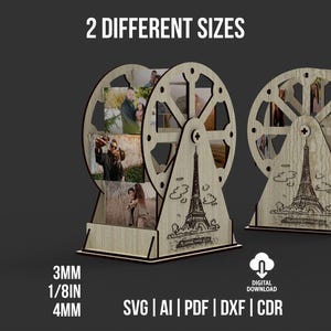 以下が含まれることがあります： エッフェル塔のデザインが施された木製の観覧車型フォトディスプレイ。ディスプレイは2つのサイズがあり、複数の写真を保持できます。画像には「2 DIFFERENT SIZES」、「3MM」、「1/8IN」、「4MM」、「DIGITAL DOWNLOAD」と書かれています。