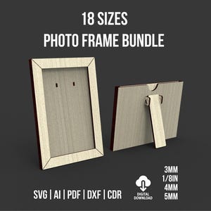 Może przedstawiać: Wyświetlane są dwie drewniane ramki na zdjęcia o jasnym wyglądzie słojów drewna i ciemnobrązowych krawędziach. U góry znajduje się tekst "18 SIZES PHOTO FRAME BUNDLE". Obraz zawiera również informacje o typach plików i pomiarach grubości.