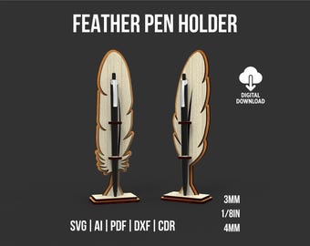 Portapenne Feather con 2 design diversi, file di taglio laser SVG e DXF, organizer da scrivania per Glowforge – Regalo per il ritorno a scuola e per gli insegnanti