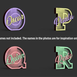 May include: Four 3D-rendered name cutouts in various colors. The names are in cursive script, with the letters in a different color than the background. The text on the image says "Names not included. The names in the photos are for inspiration only."