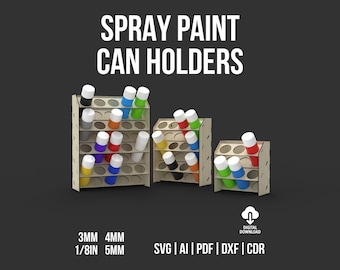 Soporte para latas de pintura en aerosol (archivos SVG y DXF para corte láser), estante de pared para latas de pintura, archivos de descarga digital.