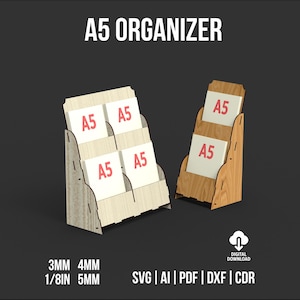Op de afbeelding: Twee houten A5 organizer displays. Elke display heeft meerdere sleuven met A5-kaarten met de tekst "A5" in het rood. De tekst "A5 ORGANIZER" staat bovenaan. De onderkant van de afbeelding toont bestandstype-opties.