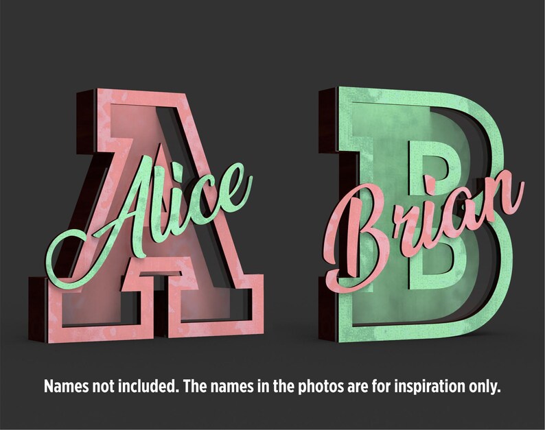 May include: Two 3D wooden letters, A and B, in a dark setting. The letter A is a reddish-pink with the name "Alice" in a light green script. The letter B is a light green with the name "Brian" in a reddish-pink script. The names are for inspiration only.