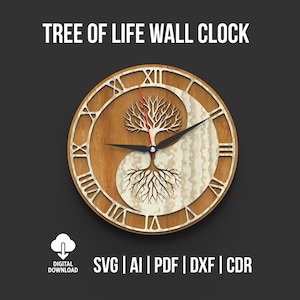 May include: A wooden wall clock featuring a tree of life design. The clock face is round with Roman numerals and a yin-yang symbol. The clock hands are black, and the tree is red and brown. The text "TREE OF LIFE WALL CLOCK" is at the top.