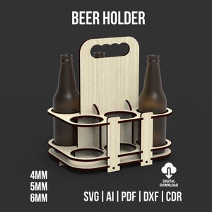 Op de afbeelding: Een houten bierhouder met handvat, ontworpen om zes flessen te bevatten. De houder is gemaakt van lichtgekleurd hout met donkerbruine accenten. De tekst "BEER HOLDER" staat bovenaan. De afbeelding bevat ook tekst over bestandsformaten en diktes.