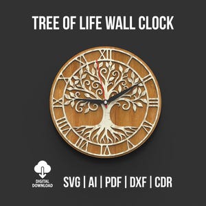 May include: A wooden wall clock featuring a tree of life design. The clock face is circular with Roman numerals and a tree-shaped cutout. The clock hands are black. The text "TREE OF LIFE WALL CLOCK" is at the top. The clock is a digital download.