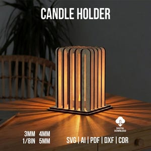 Può includere: Un portacandele in legno con doghe verticali, che proietta motivi di luce su una superficie in legno. Il testo "CANDLE HOLDER" è in alto. L'immagine include anche il testo "3MM 4MM 1/8IN 5MM" e "SVG | AI | PDF | DXF | CDR".