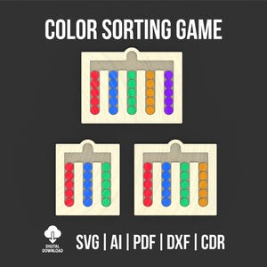 Peut inclure: Jeu de tri des couleurs en bois avec le texte "COLOR SORTING GAME". Le jeu comprend trois cadres en bois, chacun avec cinq colonnes de boules colorées : rouge, bleu, vert, orange et violet. Le bas de l'image contient le texte "SVG | AI | PDF | DXF | CDR".