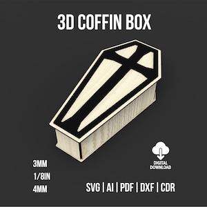 Puede incluir: Una caja de ataúd 3D de madera con un diseño de cruz negra en la tapa. La caja está hecha de madera de color claro y tiene forma rectangular. El texto "3D COFFIN BOX" está en la parte superior. La imagen también incluye el texto "3MM", "1/8IN", "4MM" y "DESCARGA DIGITAL".