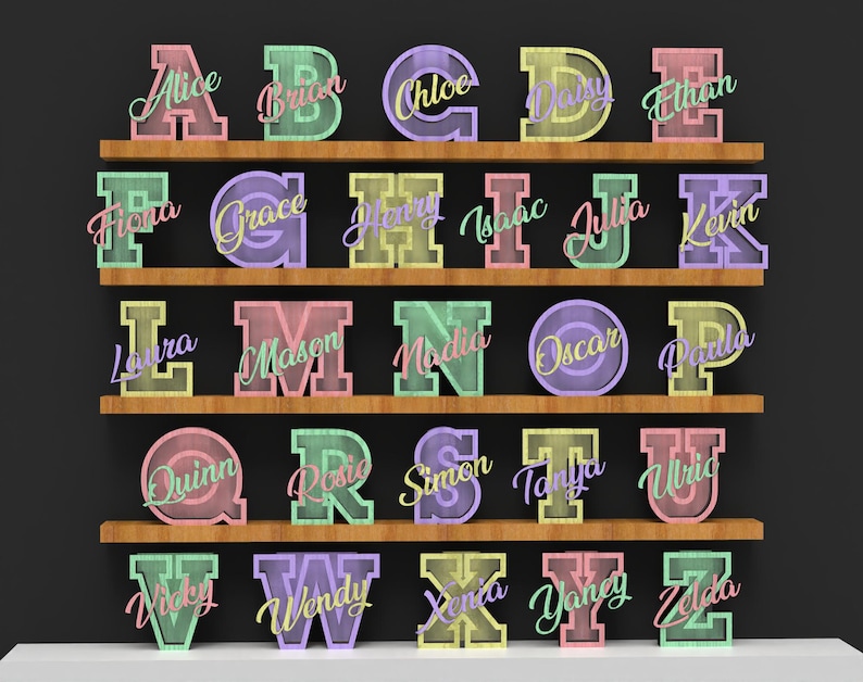 May include: A display of colorful, illuminated letters spelling out names, arranged on wooden shelves against a dark background. Each letter is a different pastel color, with the names written in a cursive font.