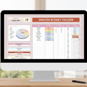 Modèle de suivi du budget d'épicerie Feuille de calcul financière numérique Calculatrice de dépenses Planification des repas Tableau de visualisation du budget alimentaire Liste de courses