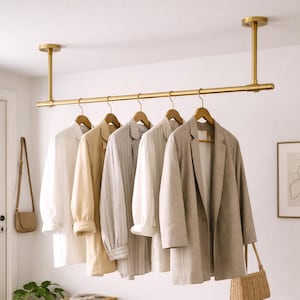 Könnte beinhalten: Eine goldfarbene, an der Decke befestigte Kleiderstange hält fünf Blazer und Hemden in neutralen Farbtönen an Holzbügeln. Unterhalb befindet sich eine Holzbank mit zwei Weidenkörben und einer Topfpflanze. Eine kleine Tasche hängt an der Wand.