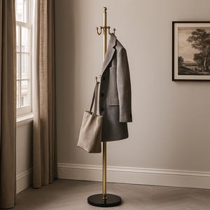 Handmade Brass Coat Rack with Marble Base – Freestanding 10-Hook Coat Tree Stand | Vintage Coat Tree Entryway Organizer | Custom Hall Tree