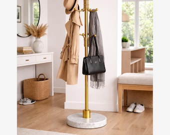 Modern Brass Coat Rack | White Marble Base, Entryway Organizer