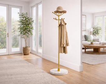 Perchero independiente de latón con base de mármol / Perchero moderno para entrada, para sombreros, abrigos y bolsos