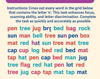 Word attention, Cognitive training, Brain exercise, focus activity, Printable worksheet.