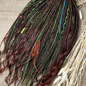 Forest Dreadlock Set – 60 Double-Ended Boho Dreads – Green & Brown with Beads, Curls, and Feathers – 400g Handmade Hair Extensions