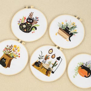 Black Cat Embroidery Kit: Beginner DIY Needlepoint, Modern Wall Decor