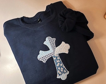 Embroidered Patchwork Appliqué Cross Sweatshirt || Cozy Christian Navy Unisex Crewneck
