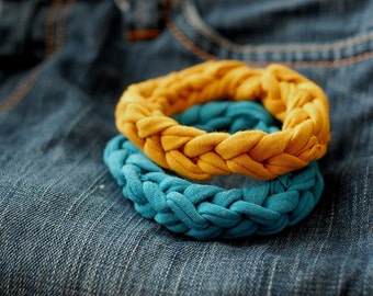 Set of blue and yellow upcycled t-shirt bracelets