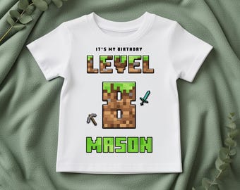 Pixel Mine Birthday T-Shirt, Personalised Craft Green Gaming Level Up Gaming Birthday, Name Birthday Top, Boys Birthday Pixelated