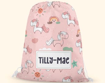 Personalised pink Rainbow Unicorns PE Or Swim Bag | Kids Drawstring School Bag | Boys And Girls Sports Bag | Back to School