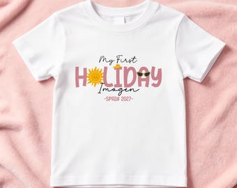 My First Holiday T-Shirt | Personalised Kids T-shirt Boys Girls T-shirt First Flight Holiday t-shirt | Multiple Colours Available | Pink