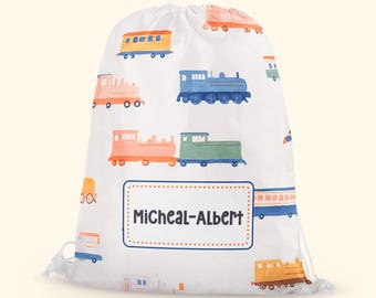 Personalised Watercolour Trains PE Or Swim Bag | Kids Drawstring School Bag | Boys And Girls Sports Bag | Back to School