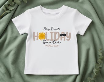 My First Holiday T-Shirt | Personalised Kids T-shirt Boys Girls T-shirt First Flight Holiday t-shirt | Multiple Colours Available | Beige