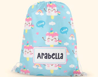 Personalised Blue Icecream Unicorns PE Or Swim Bag | Kids Drawstring School Bag | Boys And Girls Sports Bag | Back to School