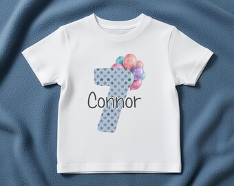 Personalised Birthday T-shirts Party Balloons | Stars | Custom Birthday Keepsake | Personalised Birthday Gift | Blue Number Birthday Shirt