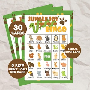 Druckbares Dschungel Joy Bingo Spiel für Kinder - Süßes Safari Zoo Thema - Sofortiger Download - Lustige Party oder Klassenzimmer Aktivität