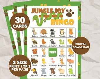 ジャングル動物ビンゴゲーム：サファリ動物園パーティー、教室アクティビティ（印刷可能なPDFダウンロード）