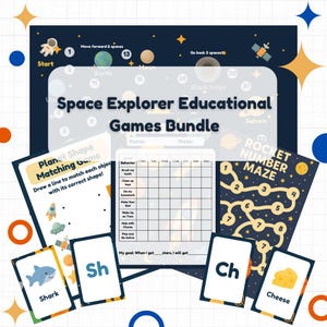 Bundel met ruimteleergames | Afdrukbare phonics-matching, bordspel, beloningstabel en kleurplaten voor kinderen