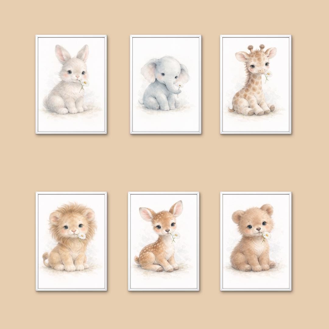 Baby Animal Nursery Wall Art Set of 6, Vintage Animal Printable Decor ...