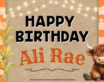 Banner de feliz cumpleaños impreso a mano, banner occidental, banner de vaca, vaquera