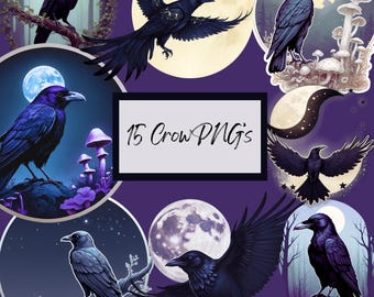 Ensemble de 15 images clipart de corbeaux gothiques au format PNG pour grimoires et autocollants (téléchargement numérique)