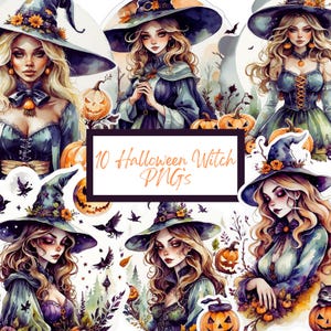 10 Halloween Watercolor Witch PNGs | Halloween Witch Clipart with Pumpkins | Cute Witchy for Stickers & Planners | Digital Download