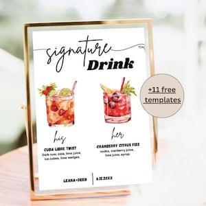 Editable Signature Drink Sign Template – His & Her Cocktails, Wedding Bar Menu, Bride -Groom Signature Drinks, Customizable Sign S1