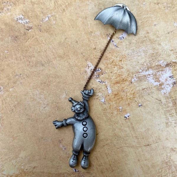 Dainty vintage JJ clown brooch with umbrella double pin silver tone pewter