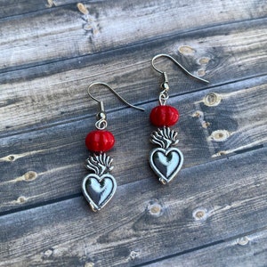 Adorable tiny sacred heart earrings flaming heart dangle